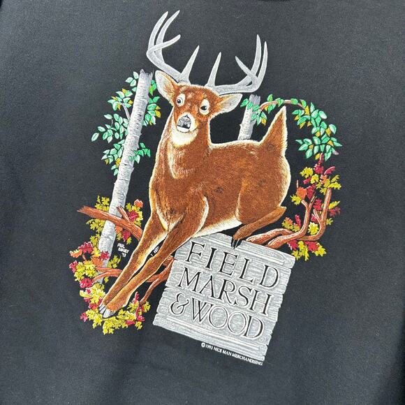 VTG 90s Men's Jerzees Field Marsh & Wood Deer Buck Fall Crewneck Sweatshirt XL - Picture 3 of 6